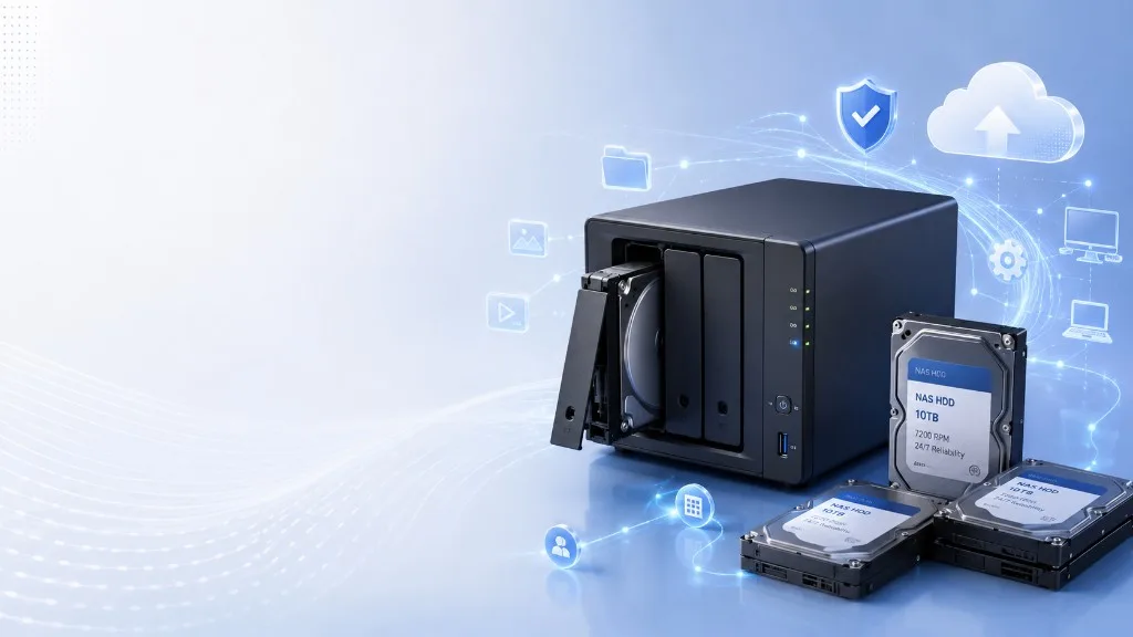 Four-bay NAS enclosure with 10TB NAS hard drives for 24/7 home server storage and data backup