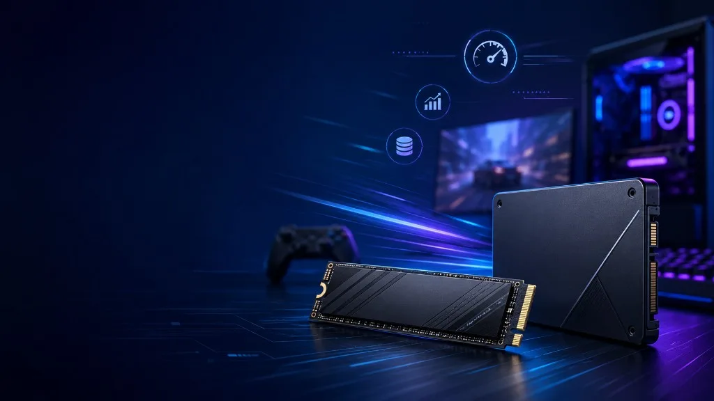 M.2 NVMe and SATA SSDs in a gaming setup with speed, performance, and storage icons for faster game loading