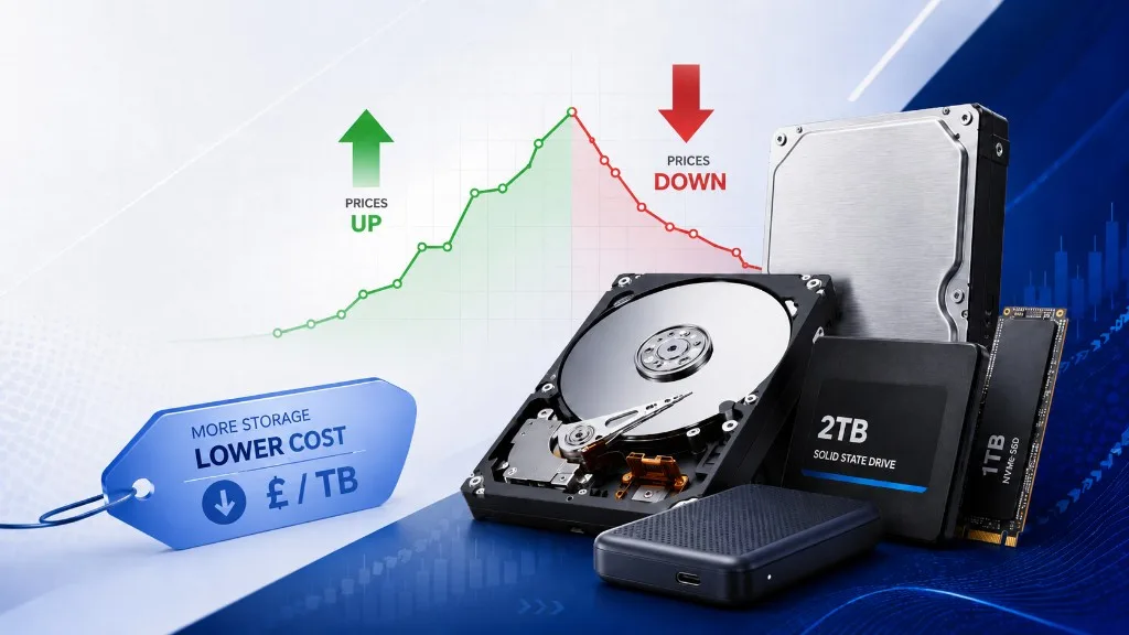 Hard drives and SSDs with a price-per-terabyte chart showing storage costs trending down in the UK