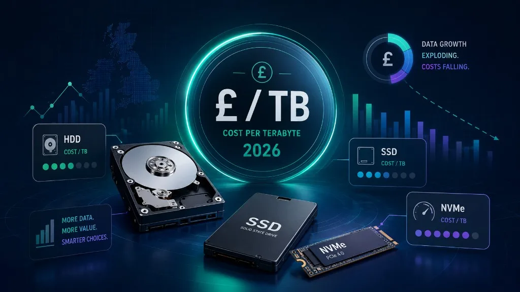 Cost per terabyte comparison for HDD, SSD, and NVMe storage drives with UK pricing trends for 2026